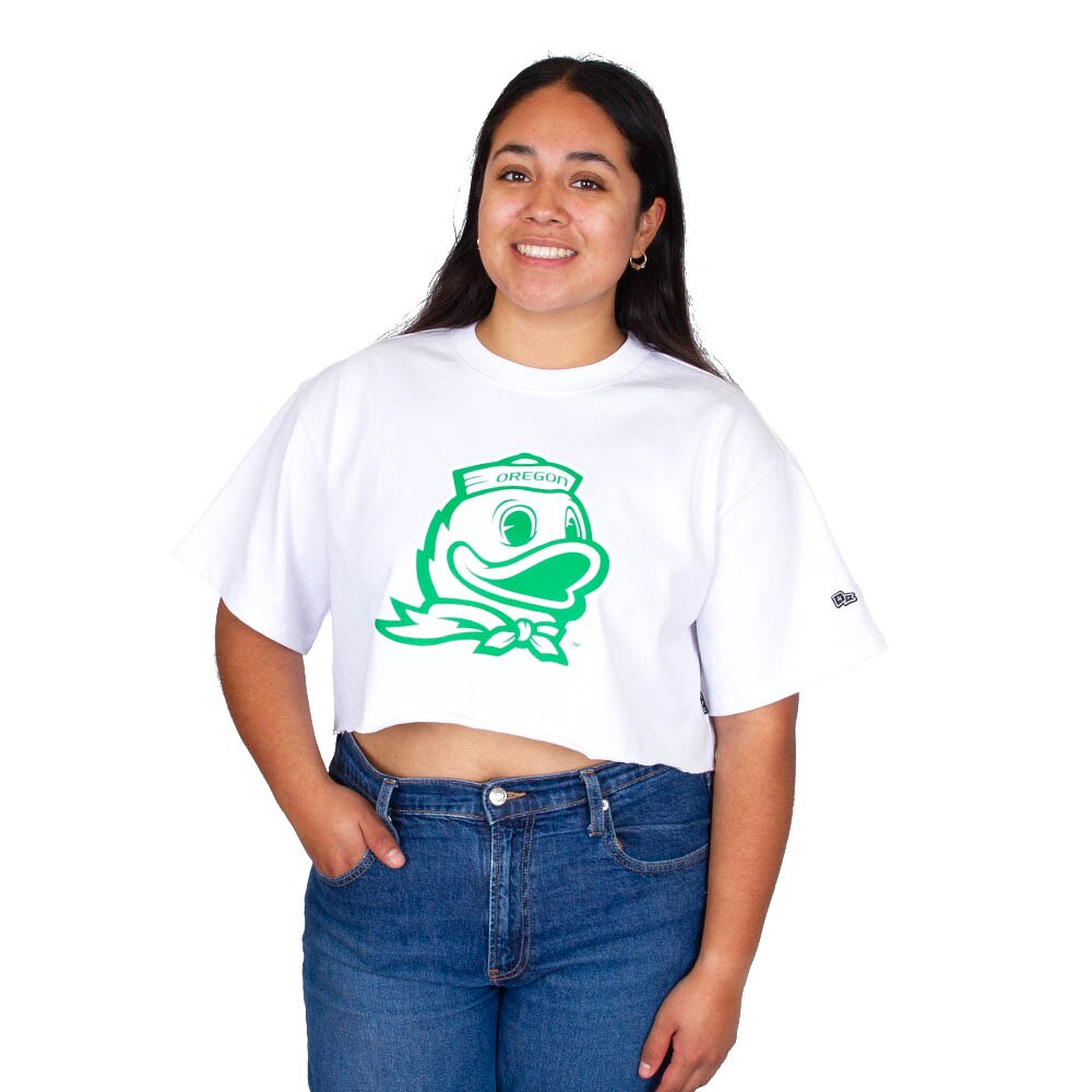 Ducks Spirit, White, Crop Top, Cotton, Women, Hype and Vice, Oregon Mascot, Outline design, T-Shirt, 1016692